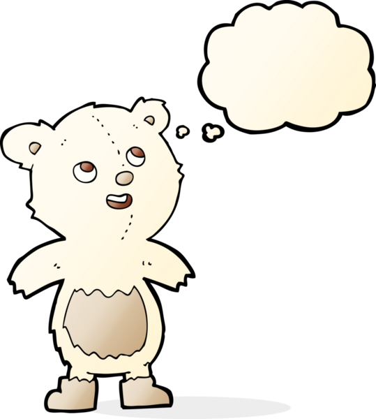 Bir insan tarafından çizilmiş düşünce baloncuklu kutup ayısı çizgi filmi.