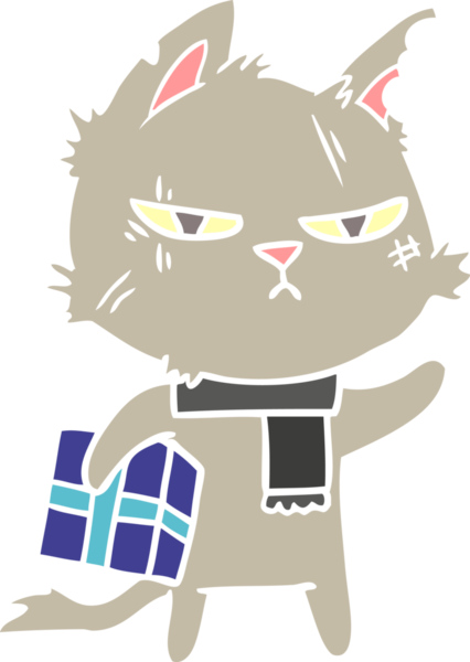 sert düz renkli çizgi film kedisi Noel hediyesi bir insan tarafından çizilmiş.