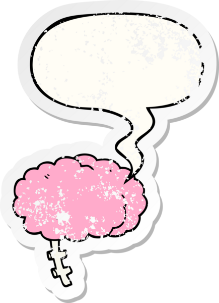 Konuşma baloncuğu olan çizgi film beyni bir insan tarafından çizilmiş sıkıntılı eski bir çıkartma.