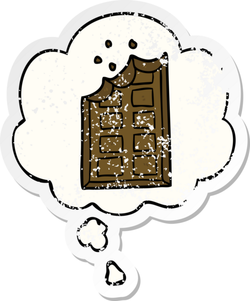 Düşünce baloncuklu çizgi film çikolatası insan tarafından çizilmiş yıpranmış bir çıkartma.