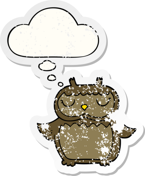 Düşünce baloncuğu olan karikatür baykuşu insan tarafından çizilmiş yıpranmış bir çıkartma.