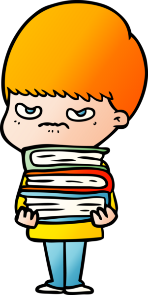 Bir insan tarafından çizilmiş kitapları olan kızgın çizgi film çocuğu.