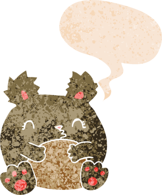 Bir insan tarafından çizilmiş grunge sıkıntılı retro biçimli konuşma balonu ile çizgi film ayısı