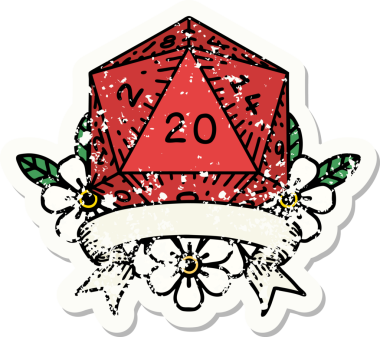 Bir insan tarafından çekilen 20 kritik vuruşluk D20 zar atımının grunge çıkartması.