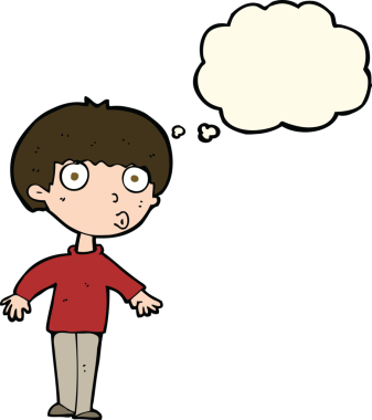 Bir insan tarafından çizilmiş düşünce baloncuğu olan bir çocuk.