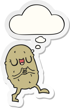 İnsan tarafından çizilmiş bir çıkartma gibi düşünce baloncuklu mutlu patates çizgi filmi.