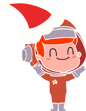 Mutlu el çizimi düz renk çizimi. Bir astronot Noel Baba şapkası takıyor. Bir insan tarafından çizilmiş.