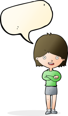 Bir insan tarafından çizilmiş konuşma balonlu mutlu kadın çizgi filmi.