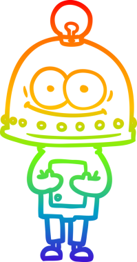 Gökkuşağı gradyan çizgisi mutlu bir karton robot çizimi ve bir insan tarafından çizilmiş ampul.