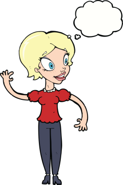 Bir insan tarafından çizilmiş düşünce baloncuğuyla el sallayan çizgi film kadını.