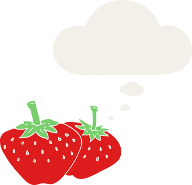 Düşünce baloncuklu karikatür çileği bir insan tarafından çizilmiş.