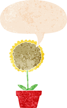 Bir insan tarafından çizilmiş grunge dertli retro biçimli konuşma baloncuğu ile sevimli karikatür çiçek