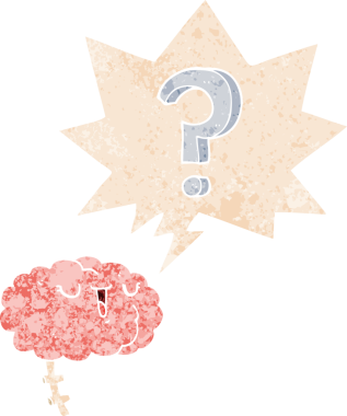 grunge 'da konuşma baloncuğu olan karikatür meraklısı beyin bir insan tarafından çizilmiş gerilimli geriye dönük doku