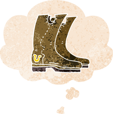 Düşünce baloncuklu çizgi kovboy çizmeleri grunge dertli eski moda bir insan tarafından çizilmiş.