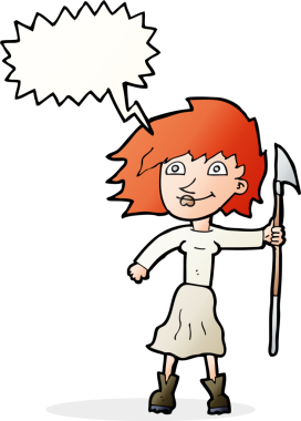 Bir insan tarafından çizilmiş, mızraklı, konuşma balonlu bir kadın.