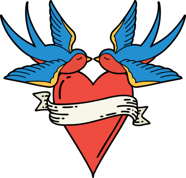 Geleneksel kırlangıç tarzında dövme ve bir insan tarafından çizilmiş sancaklı bir kalp.