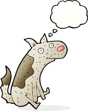 Bir insan tarafından çizilmiş düşünce baloncuğu ile oturan bir köpek.