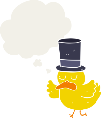 Çizgi film ördeği şapkalı, düşünce baloncuklu bir insan tarafından çizilmiş.