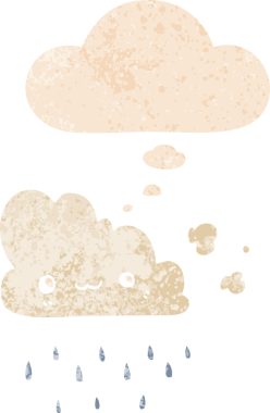 Düşünce baloncuklu çizgi film fırtına bulutu grunge sıkıntılı retro dokuma tarzı bir insan tarafından çizilmiş