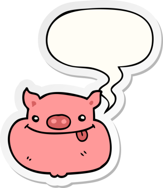 Bir insan tarafından çizilmiş konuşma kabarcığı çıkartmalı mutlu domuz suratı.