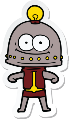 Bir insan tarafından çizilmiş mutlu bir karton robotun çıkartması.