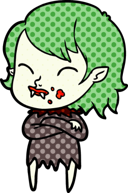 Bir insan tarafından çizilmiş yanağında kan olan vampir kız çizgi filmi.