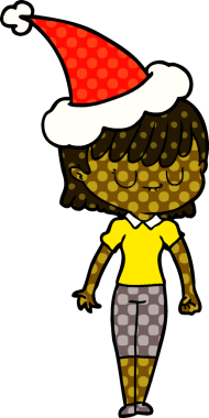 Bir insan tarafından çizilmiş Noel Baba şapkası giyen bir kadının el çizimi çizgi roman tarzı çizimi.