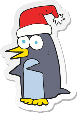Bir insan tarafından çizilmiş bir karikatür noel pengueni çıkartması.