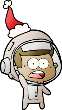 Şaşırmış bir astronotun insan tarafından çizilmiş Noel Baba şapkası giymiş el çizimi karikatürü.