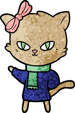 Bir insan tarafından çizilmiş kışlık giysili şirin bir çizgi film kedisi.