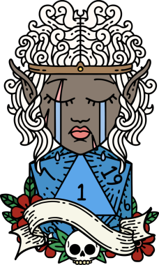 Retro Dövme Tarzı Ağlayan Elf Barbar Karakteri Bir D20 rulosu Bir insan tarafından çizilmiş