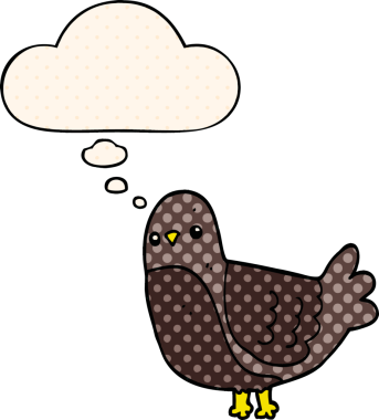 Çizgi roman tarzında düşünce baloncuğu olan çizgi film kuşu insan tarafından çizilmiş.