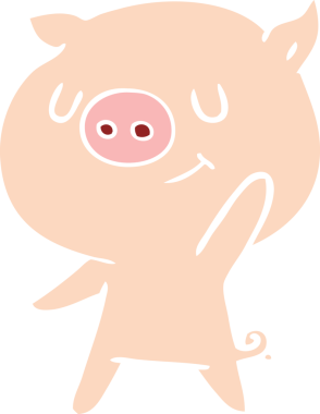 Bir insan tarafından çizilmiş mutlu düz renkli çizgi film domuzu.