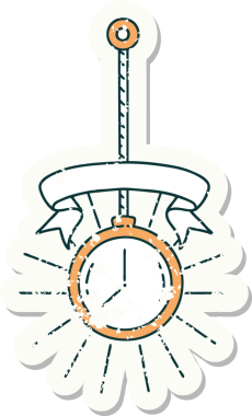 Bir insan tarafından çizilmiş eski bir dövme stili altın cep saati çıkartması.