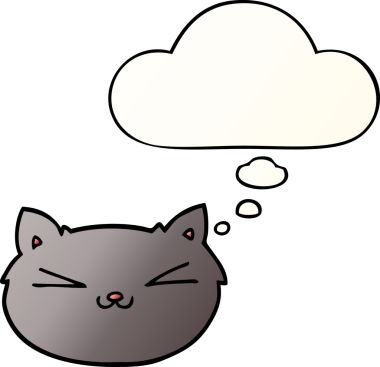 Mutlu çizgi film kedisi bir insan tarafından çizilmiş yumuşak eğimli düşünce baloncuğu ile