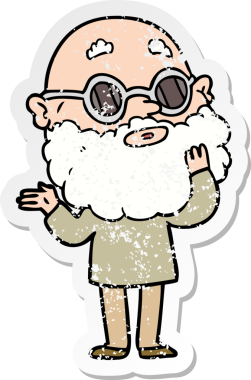 Bir insan tarafından çizilmiş sakallı ve gözlüklü, garip bir karikatür çıkartması.