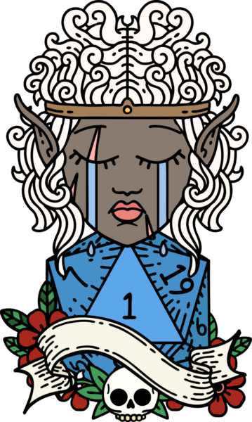 Retro Dövme Tarzı Ağlayan Elf Barbar Karakteri Bir D20 rulosu Bir insan tarafından çizilmiş