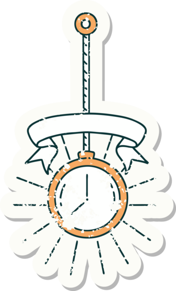 Bir insan tarafından çizilmiş eski bir dövme stili altın cep saati çıkartması.