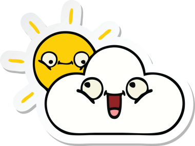 Bir insan tarafından çizilmiş şirin bir karikatür güneş ışığı ve bulut çıkartması.