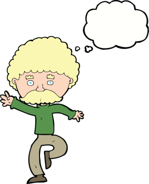 Çizgi filmdeki bıyıklı adam disko bir insan tarafından çizilmiş düşünce balonuyla dans ediyor.