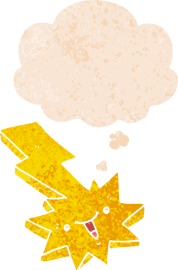 Düşünce baloncuğu ile karikatür yıldırımı grunge sıkıntılı retro tarzı bir insan tarafından çizilmiş