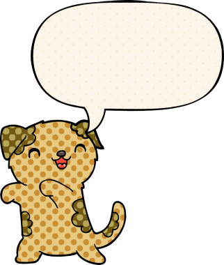 Bir insan tarafından çizilmiş çizgi roman tarzı konuşma balonu olan şirin bir köpek yavrusu.