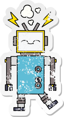 Bir insan tarafından çizilmiş sevimli bir robot çizgi film çıkartması.