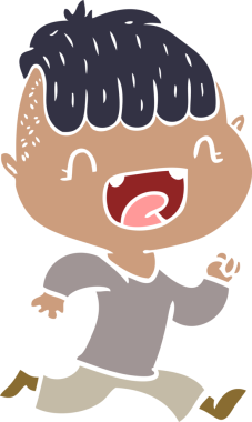 Düz renkli çizgi film. Mutlu çocuk gülüyor ve bir insan tarafından çiziliyor.