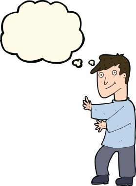 Bir insan tarafından çizilmiş düşünce balonlu mutlu adam çizgi filmi.