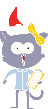 Bir insan tarafından çizilmiş Noel Baba şapkası takan bir kedinin düz renk çizimi.