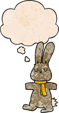 Bir insan tarafından çizilmiş grunge desenli düşünce baloncuklu çizgi film tavşanı.