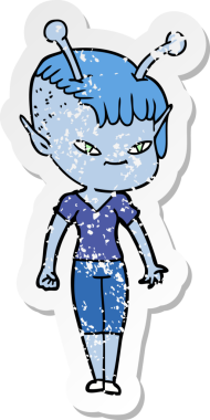 Bir insan tarafından çizilmiş sevimli uzaylı bir kızın sıkıntılı çıkartması.