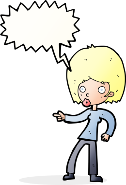 Bir insan tarafından çizilmiş bir konuşma balonuyla işaret eden çizgi film kadını.