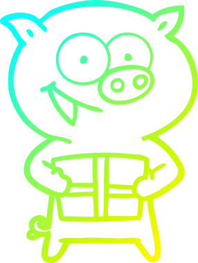 Bir insan tarafından çizilmiş Noel hediyeli neşeli bir domuzun soğuk gradyan çizimi.